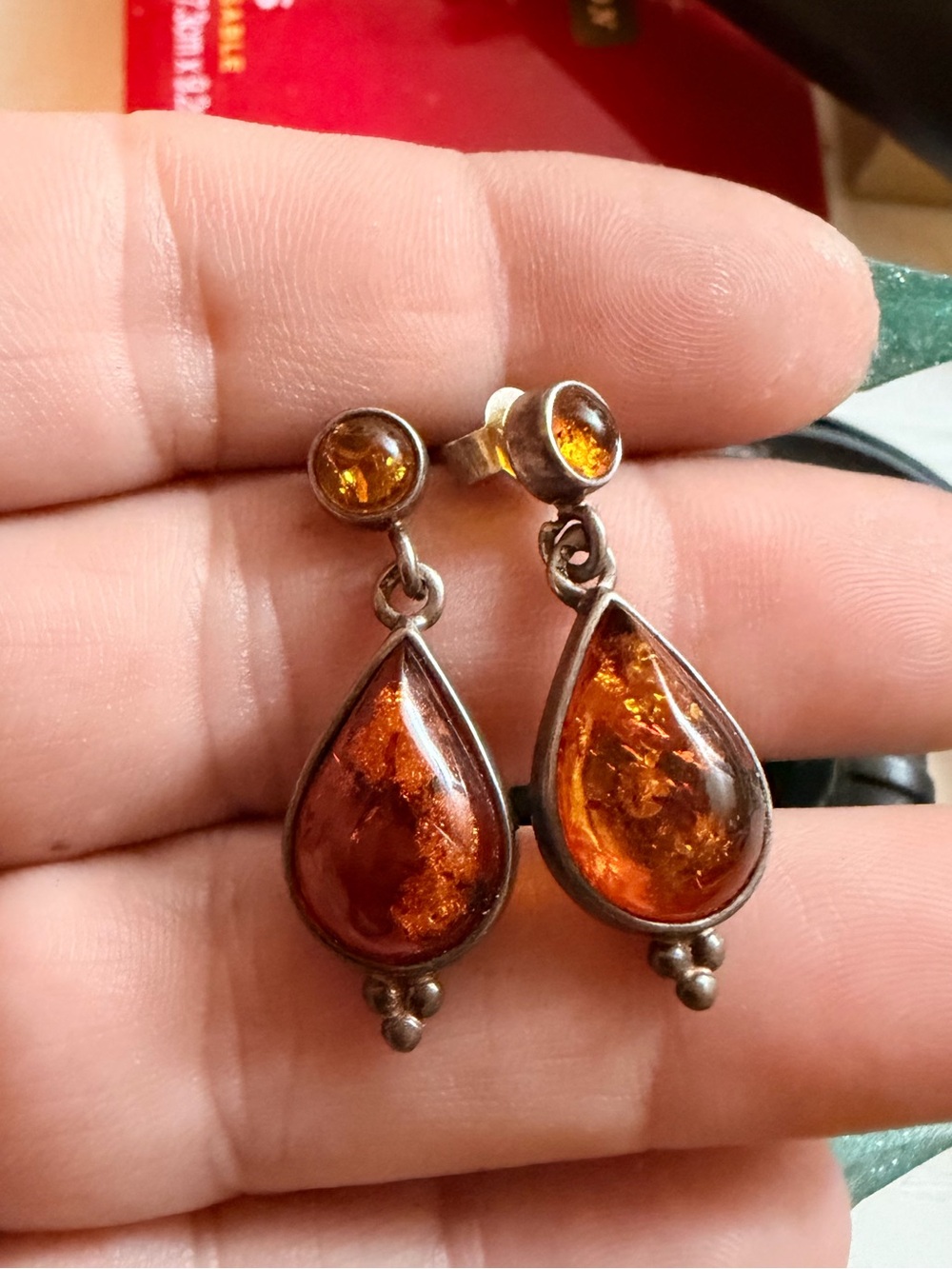 Amber Teardrop Dangle Earrings - Warm Honey Amber